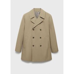 New NWT Mens Mango MNG Short Cotton Trench Coat L Khaki Brown Pockets Large Tan